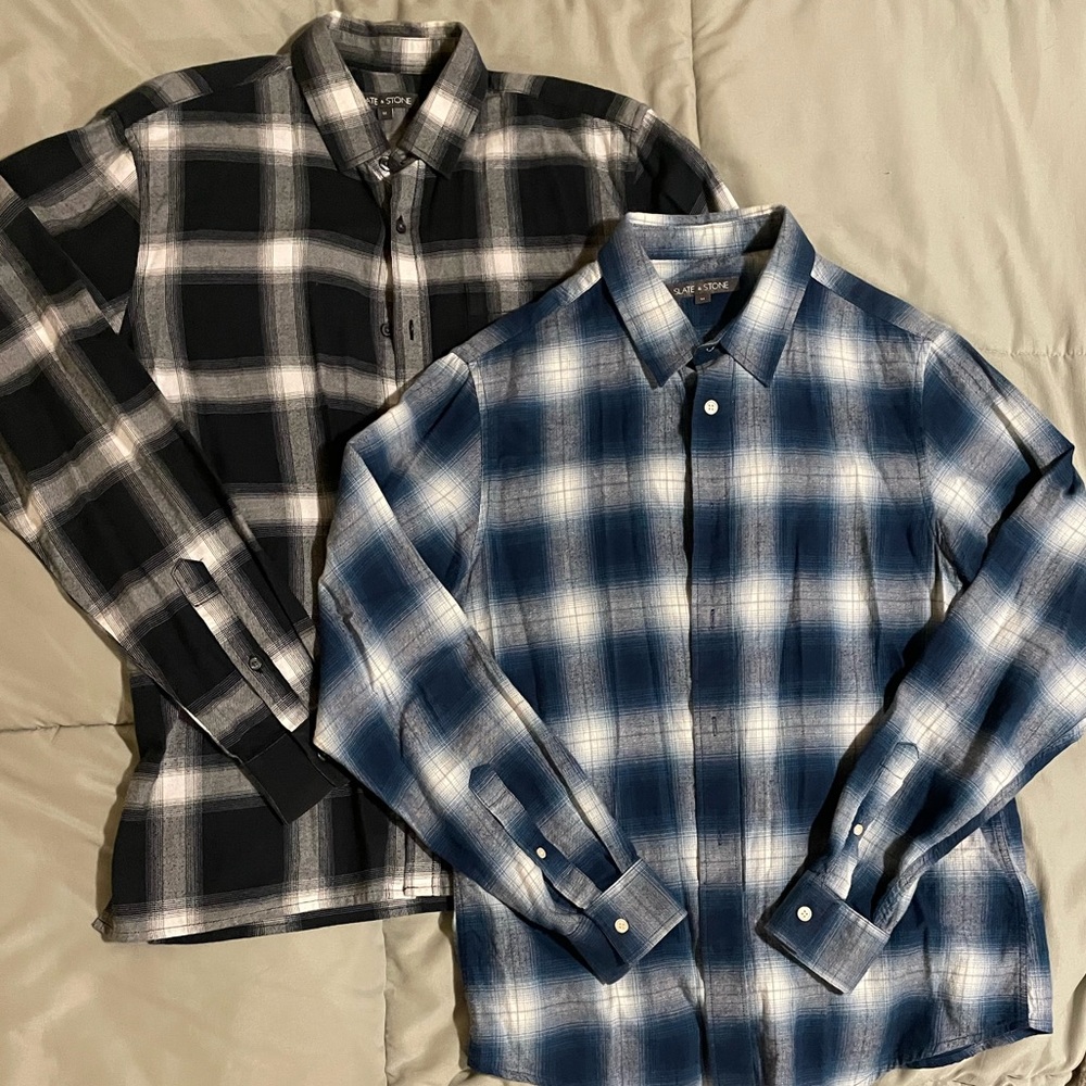 Men’s Slate and Stone Plaid Long Sleeve Button Down Shirts (Lot of 2)